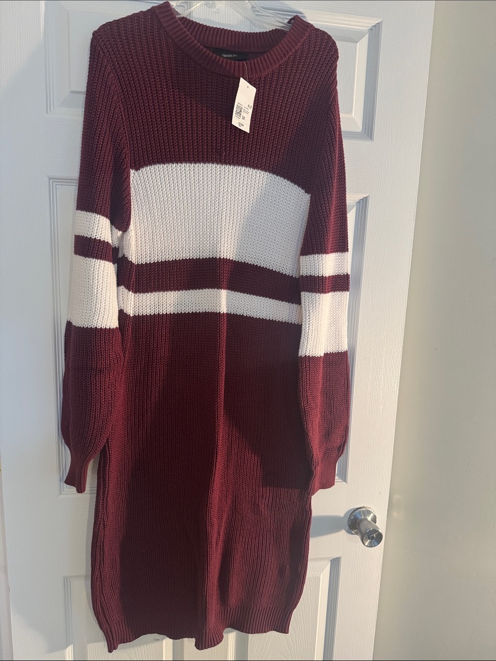Forever 21 Burgundy and White Striped Crewneck Sweater Dress